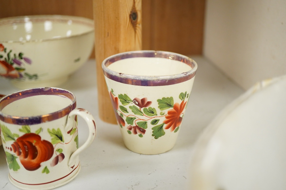 A group of late 18th century cream ware including a tea caddy a slops bowl, a tea bowl and saucer etc. and various 19th-century porcelain and pottery, blue and white tea caddy, 12cm high.